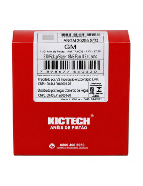 Jogo Anéis Pistão STD Vectra 2.4 16V S10 2.4 8V 16V 4 Cilindros Blazer 2.4 8V - KICTECH ANGM30255STD