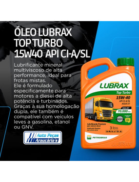 Óleo Lubrificante Mineral Lubrax Top Turbo 15W-40 API CI-4/SL ACEA E7 - Lubrax 3 Litros