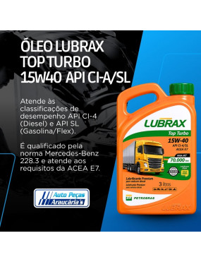 Óleo Lubrificante Mineral Lubrax Top Turbo 15W-40 API CI-4/SL ACEA E7 - Lubrax 3 Litros